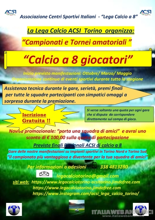 Campionato amatoriale di calcio a 8 da Ottobre 2026 in Torino con iscrizione gratuita.