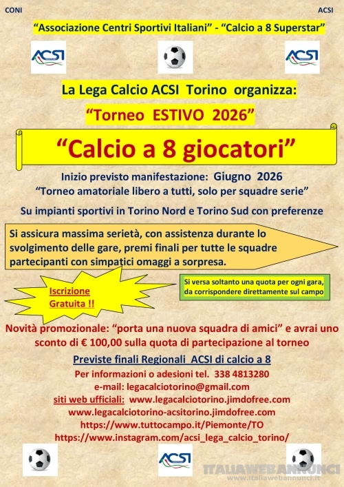 Campionato amatoriale di calcio a 8 da Ottobre 2026 in Torino con iscrizione gratuita.